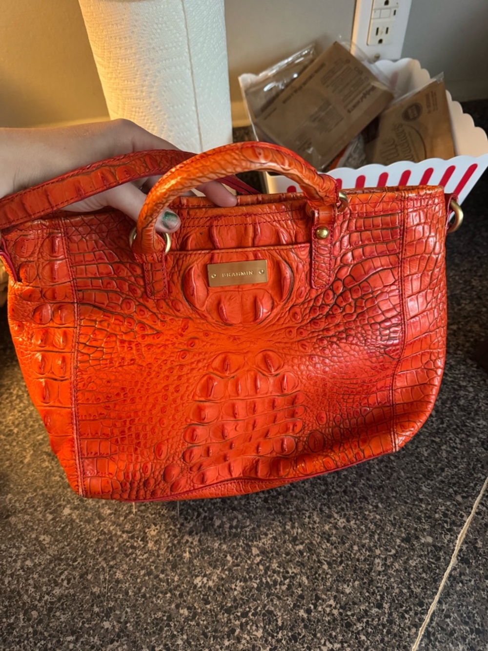 Brahmin Bright Orange Croc-Embossed Leather Satchel